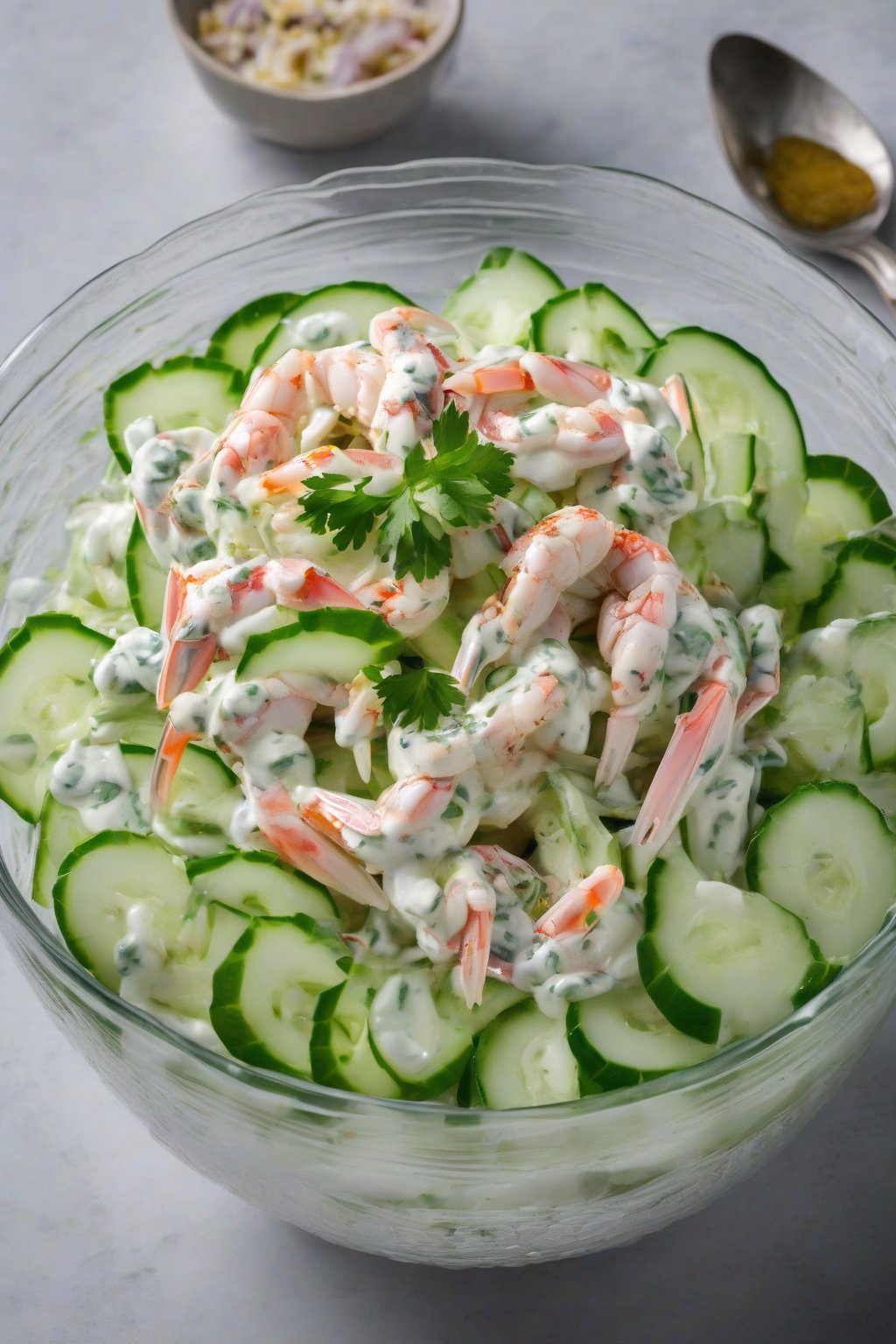A high-resolution photo of cucumber crab salad with yogurt swirl in a chilled bowl, under soft lighting.