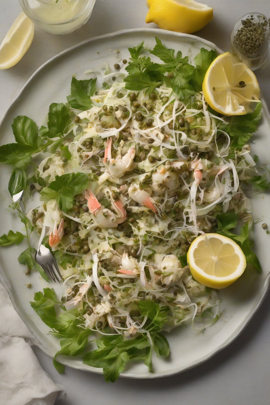 A high-resolution photo of herbed lemon crab salad with capers and lemon zest on a plate, under soft lighting.