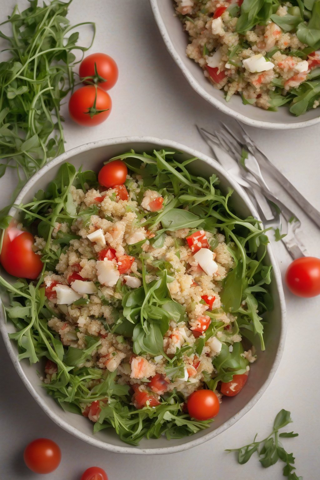 A high-resolution photo of quinoa crab salad with arugula and tomatoes in a modern bowl, under soft lighting.