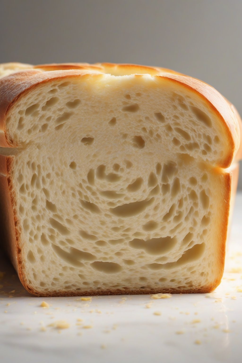 A high-resolution close-up photo of a sliced loaf of golden fluffy white sandwich bread revealing its soft interior, under soft lighting.