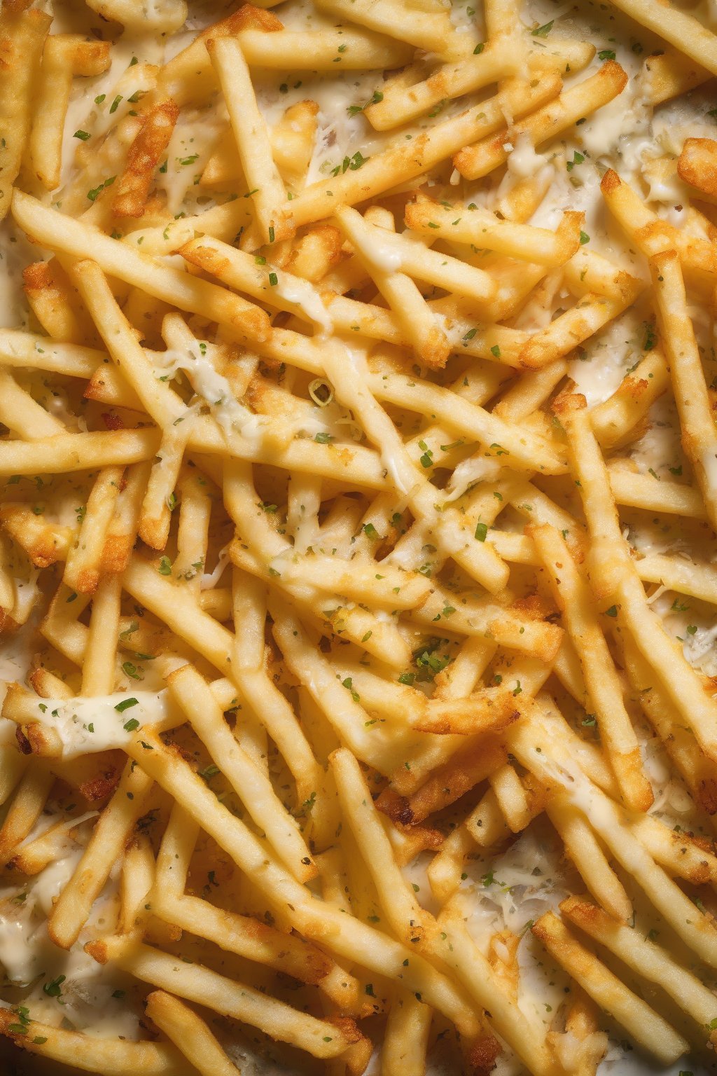 A high-resolution photo of garlic Parmesan French fries scattered with cheese flecks, close-up texture visible, under soft lighting.