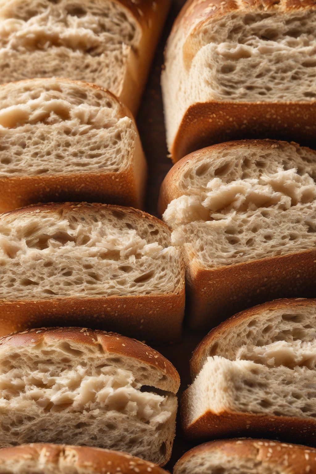 A high-resolution close-up photo of whole wheat fluffy sandwich bread slices showing a light, airy texture with subtle nutty flecks, under soft lighting.