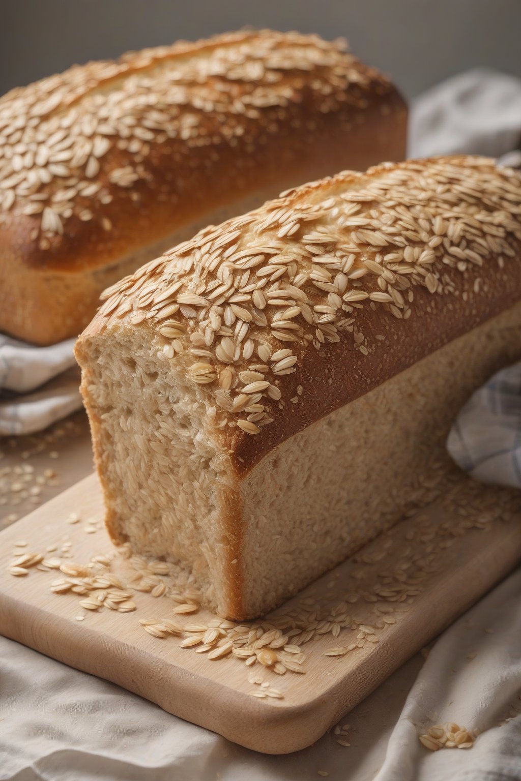 A high-resolution close-up photo of honey oat sandwich bread with oats visible on the crust and fluffy crumb inside, under soft lighting.