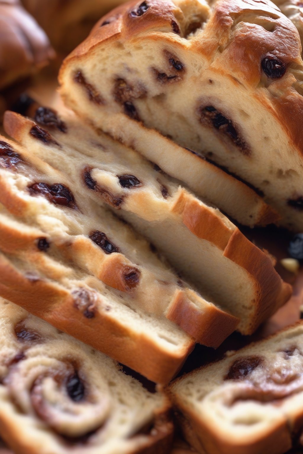 A high-resolution close-up photo of sliced cinnamon raisin fluffy bread showing the swirled interior and raisins, under soft lighting.