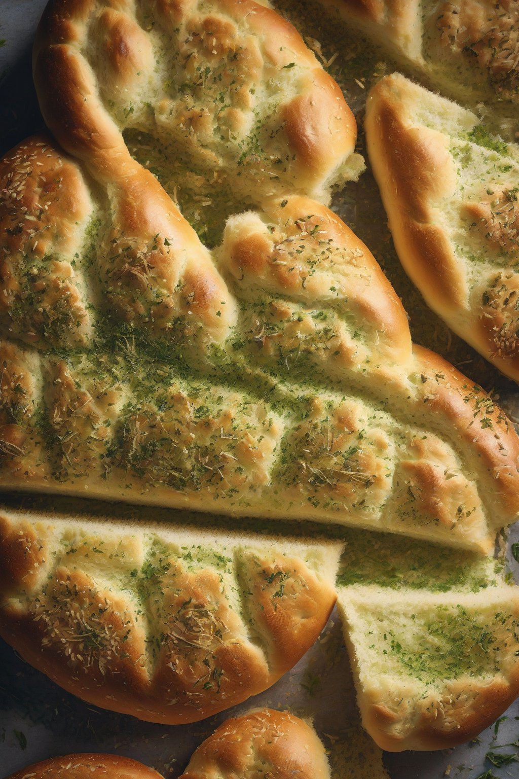 A high-resolution close-up photo of garlic herb fluffy bread with green flecks and golden crust, steam rising from slices, under soft lighting.