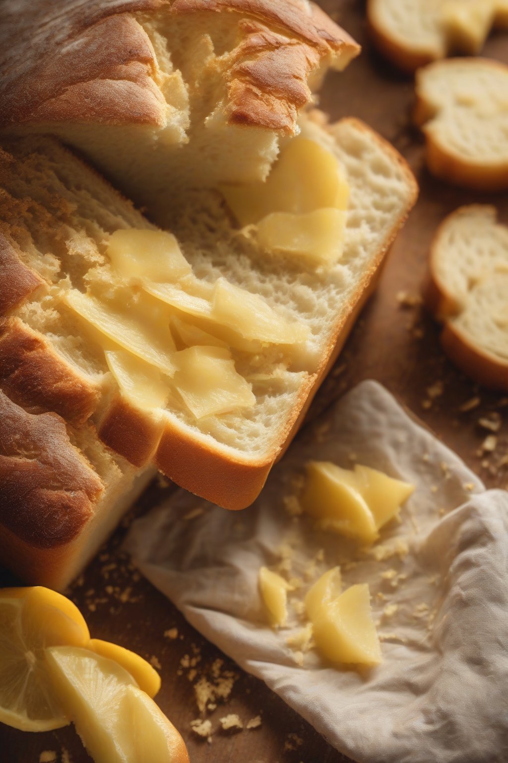 A high-resolution close-up photo of brioche-style sandwich bread with buttery golden slices and fine crumb, under soft lighting.