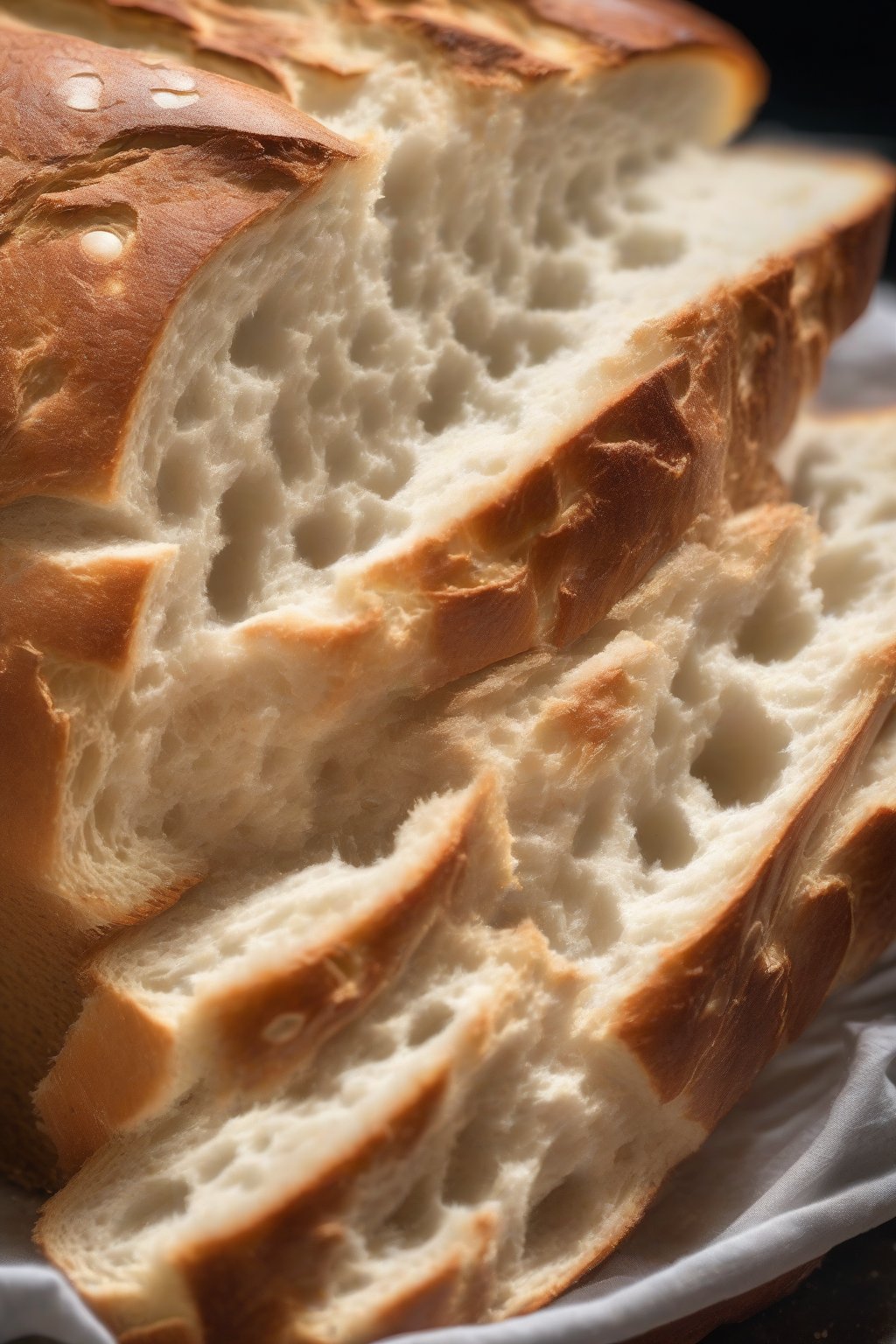 A high-resolution close-up photo of sourdough fluffy bread loaf sliced to reveal airy holes and subtle crust, under soft lighting.
