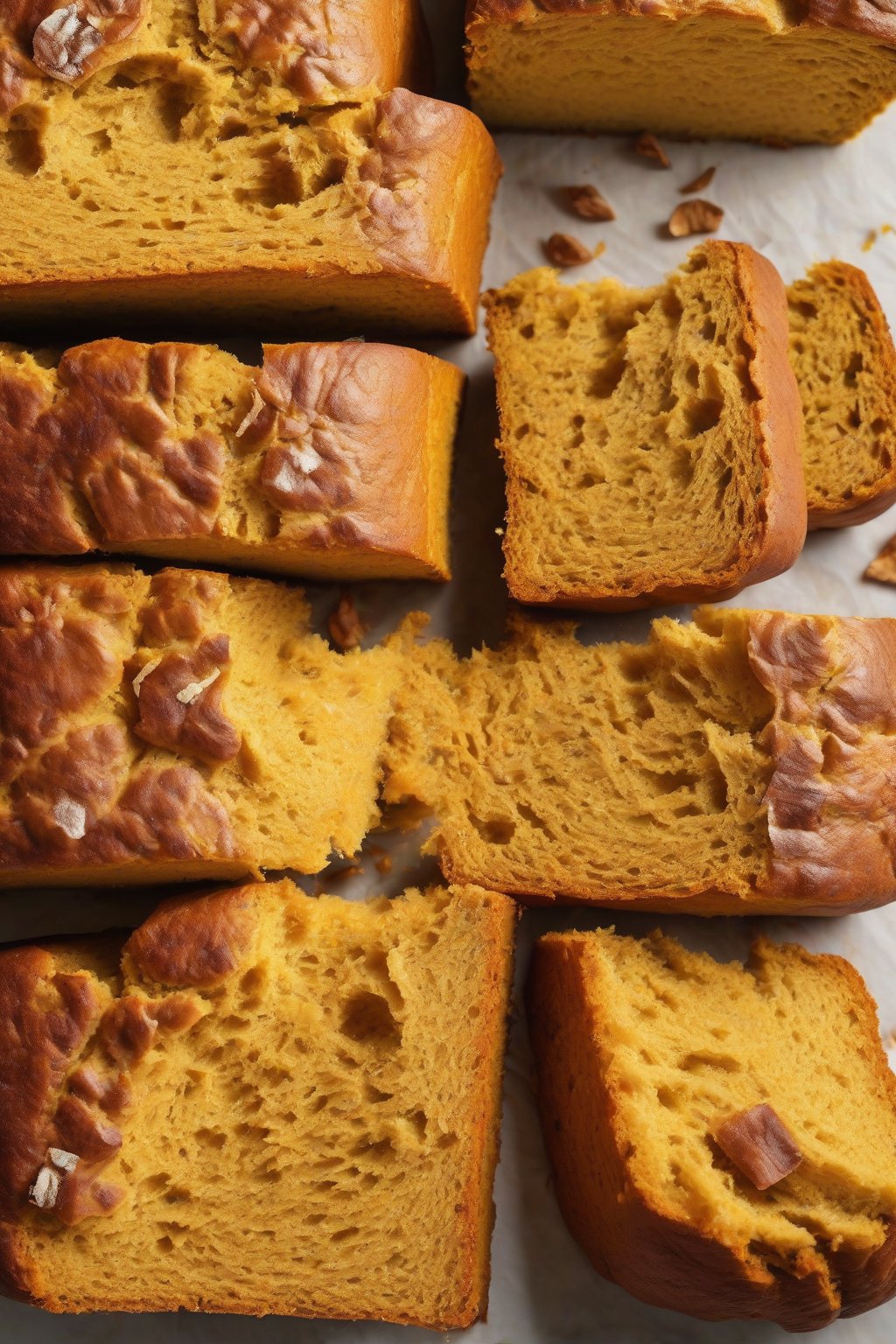 A high-resolution close-up photo of pumpkin fluffy bread with orange hue and soft texture in slices, under soft lighting.