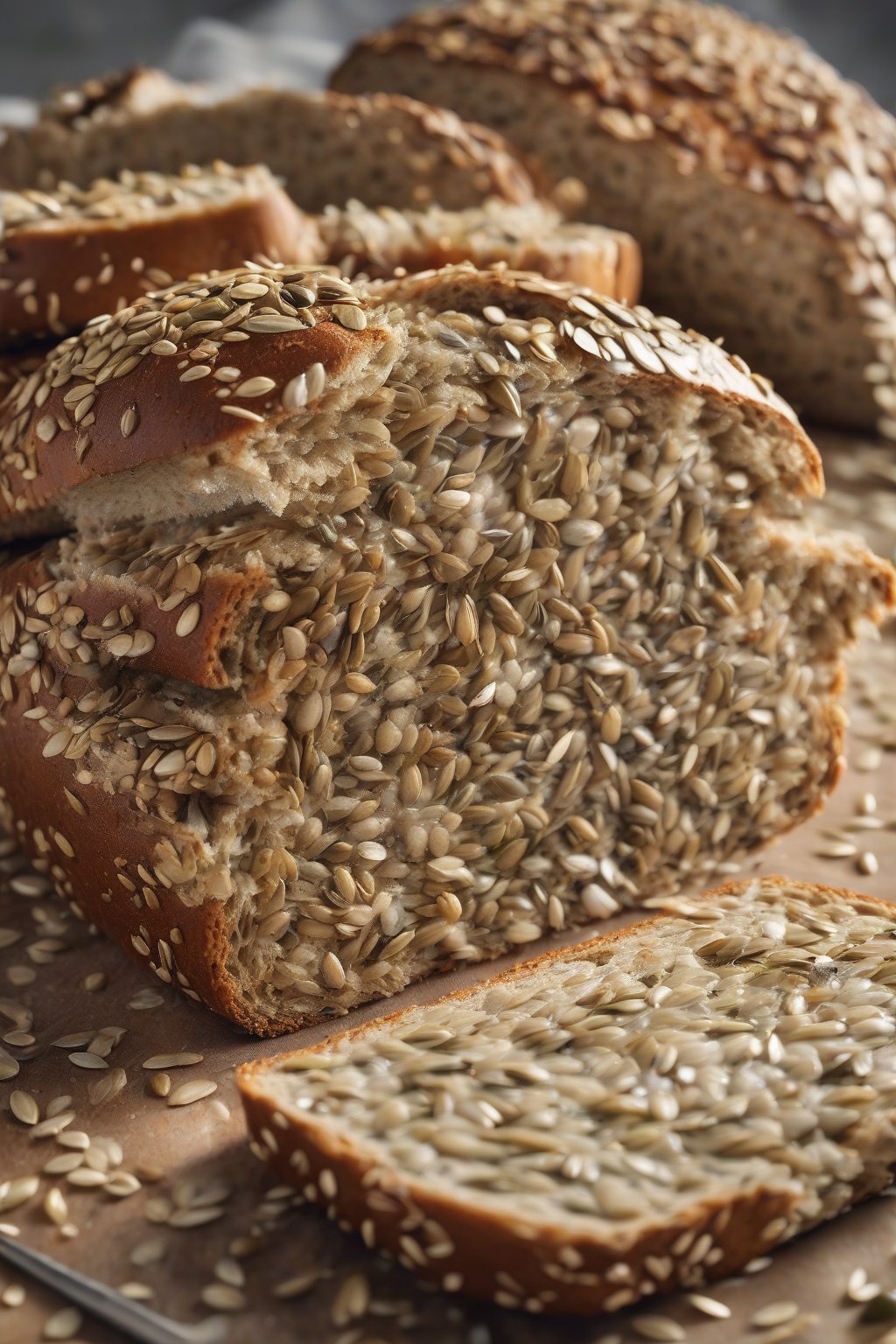 A high-resolution close-up photo of seeded multigrain sandwich bread scattered with seeds on crust and fluffy inside, under soft lighting.