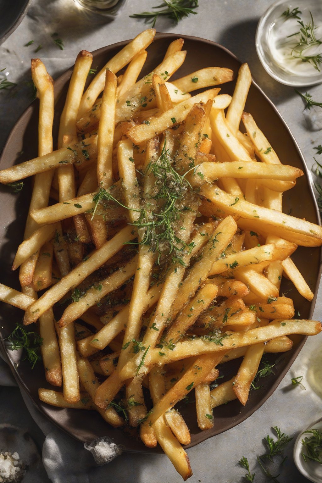 A high-resolution photo of truffle French fries glistening with oil and herbs, elegantly plated, under soft lighting.