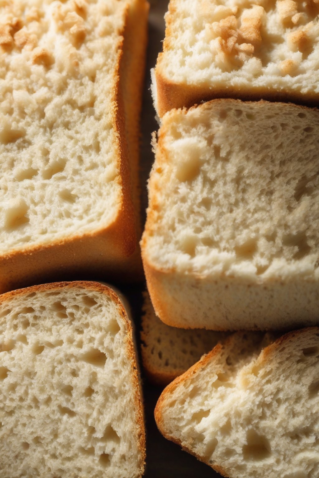 A high-resolution close-up photo of vegan fluffy sandwich bread slices showing light crumb and smooth crust, under soft lighting.
