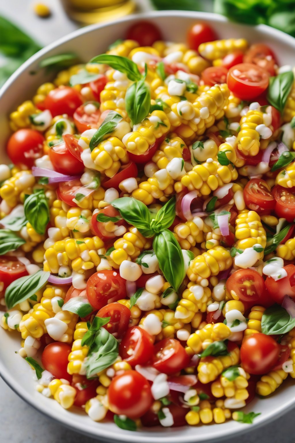 A high-resolution close-up photo of vibrant corn and tomato salad in a white bowl, kernels glistening with dressing, fresh basil scattered on top, under soft lighting.