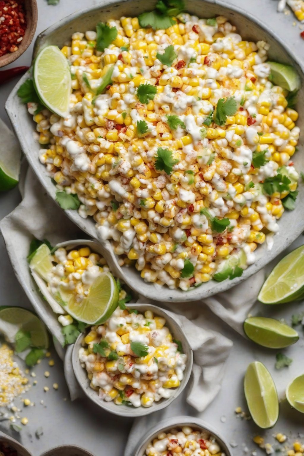 A high-resolution close-up photo of elote-style corn salad with creamy dressing, crumbled cheese, lime wedges, and chili flecks, under soft lighting.