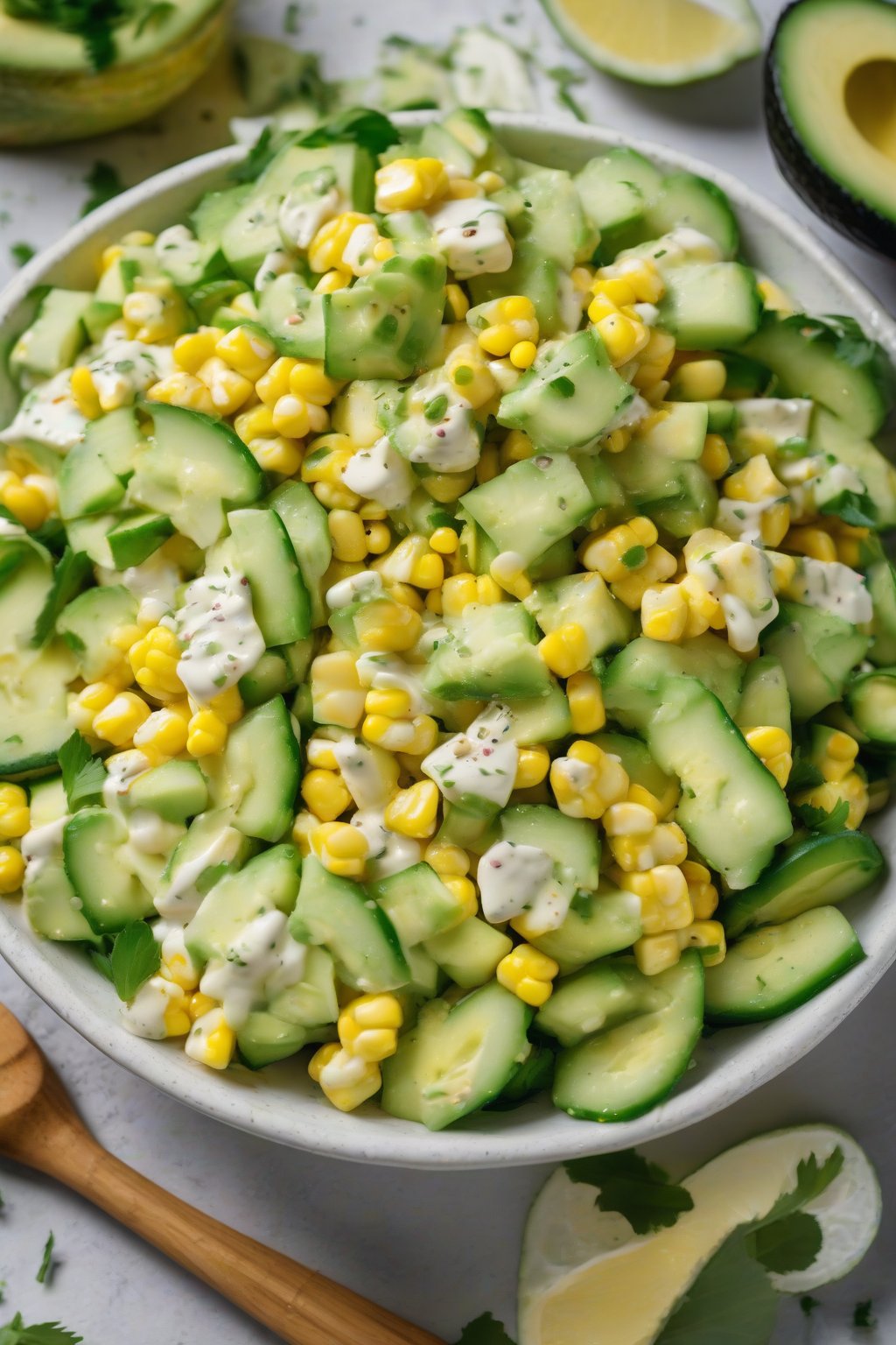 A high-resolution close-up photo of corn avocado salad with green cucumber slices and creamy chunks, drizzled with lemony dressing, under soft lighting.