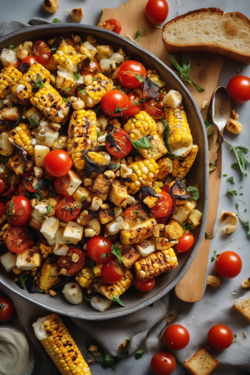 A high-resolution close-up photo of grilled corn panzanella with charred kernels, toasted bread croutons, and red tomatoes, under soft lighting.