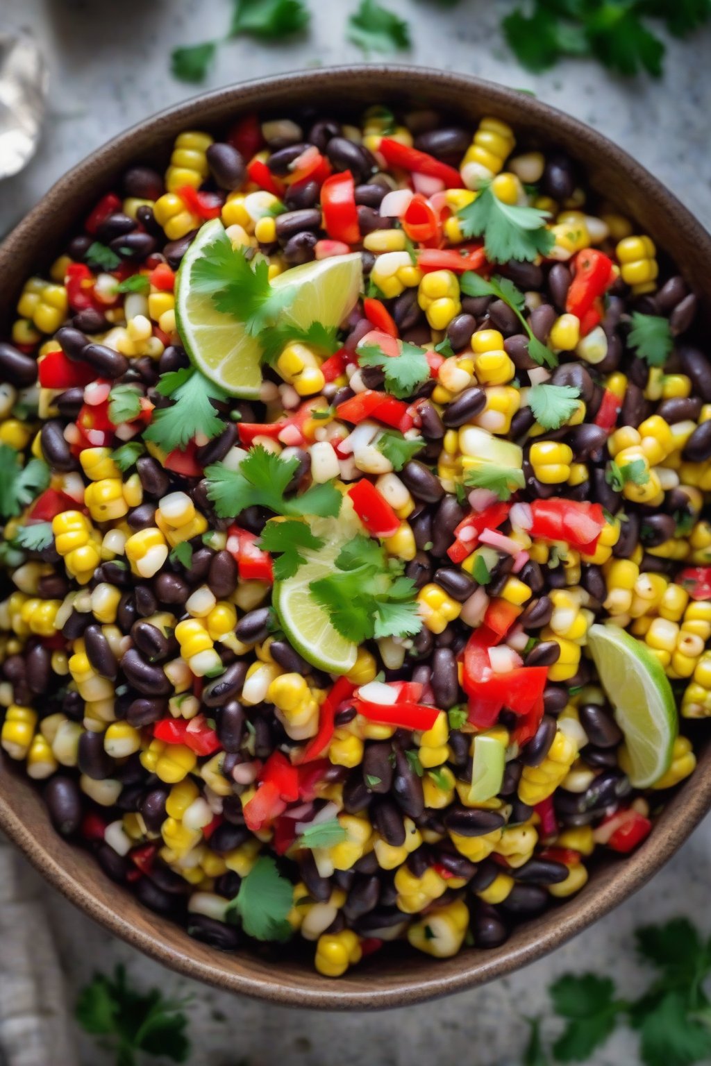 A high-resolution close-up photo of colorful corn and black bean salad with red peppers and lime zest, in a rustic bowl, under soft lighting.