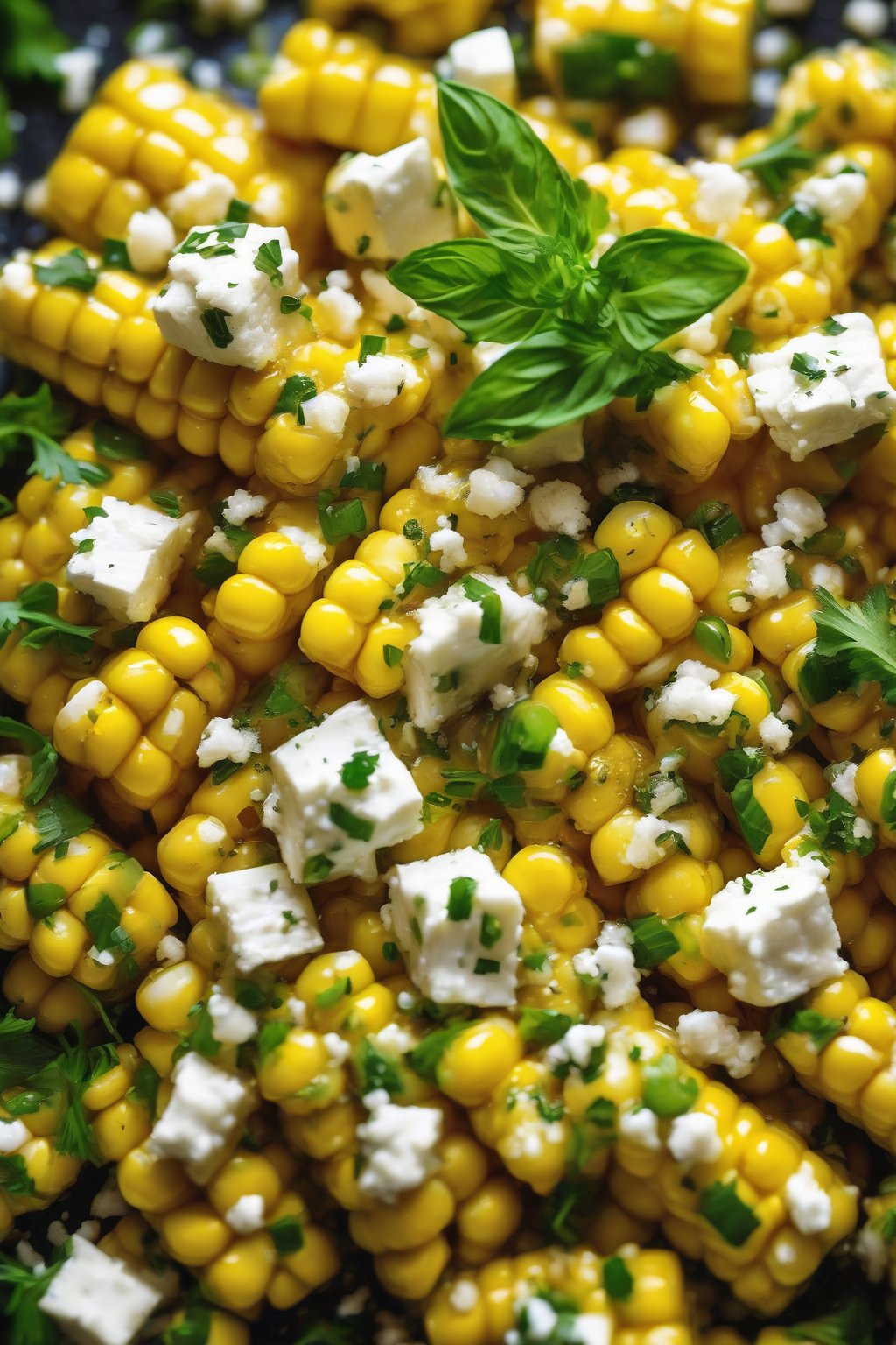 A high-resolution close-up photo of corn salad topped with feta crumbles and chopped green herbs, oil glistening, under soft lighting.
