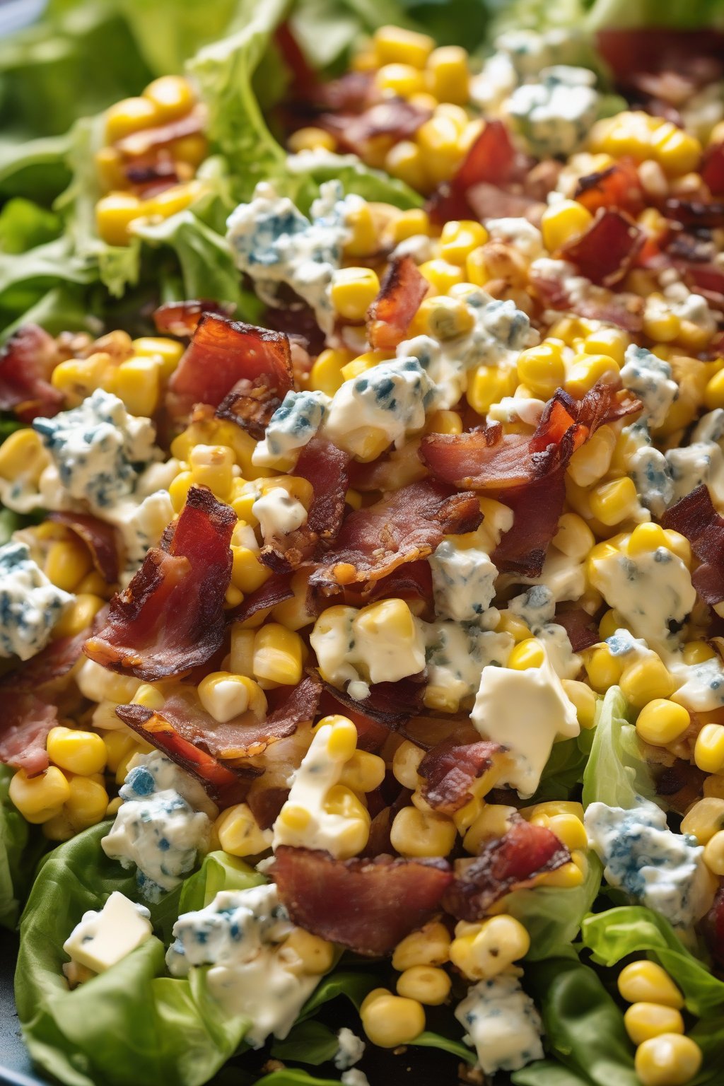 A high-resolution close-up photo of corn bacon blue cheese salad with crispy bacon bits and creamy cheese, under soft lighting.