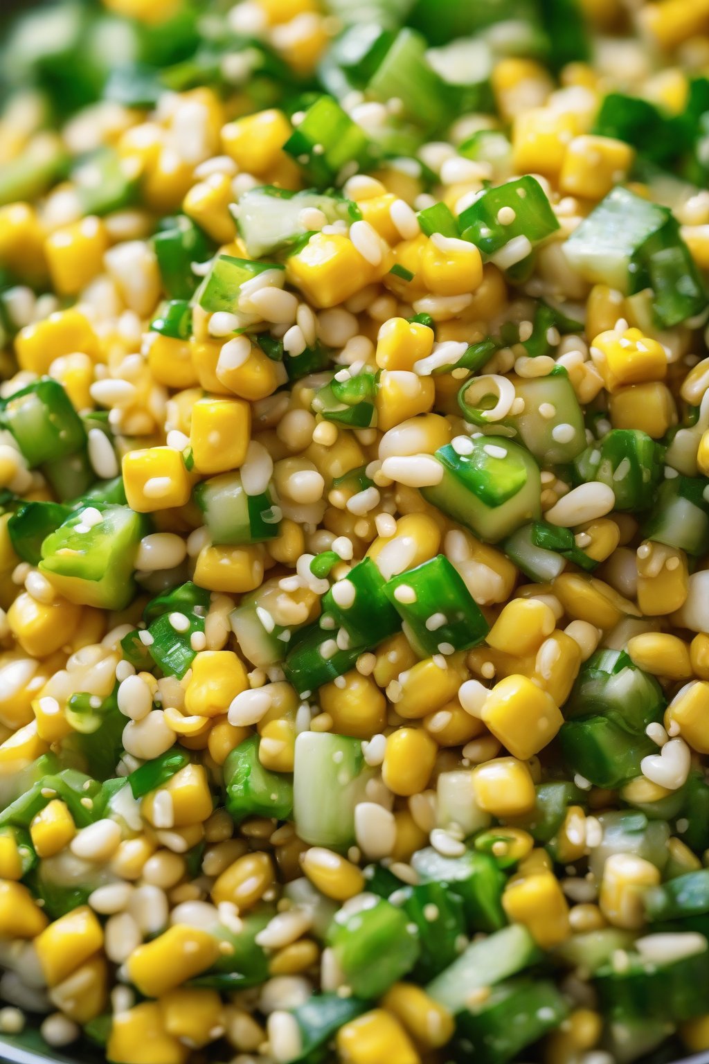 A high-resolution close-up photo of sesame corn salad with golden kernels, green scallions, and sesame seeds, under soft lighting.