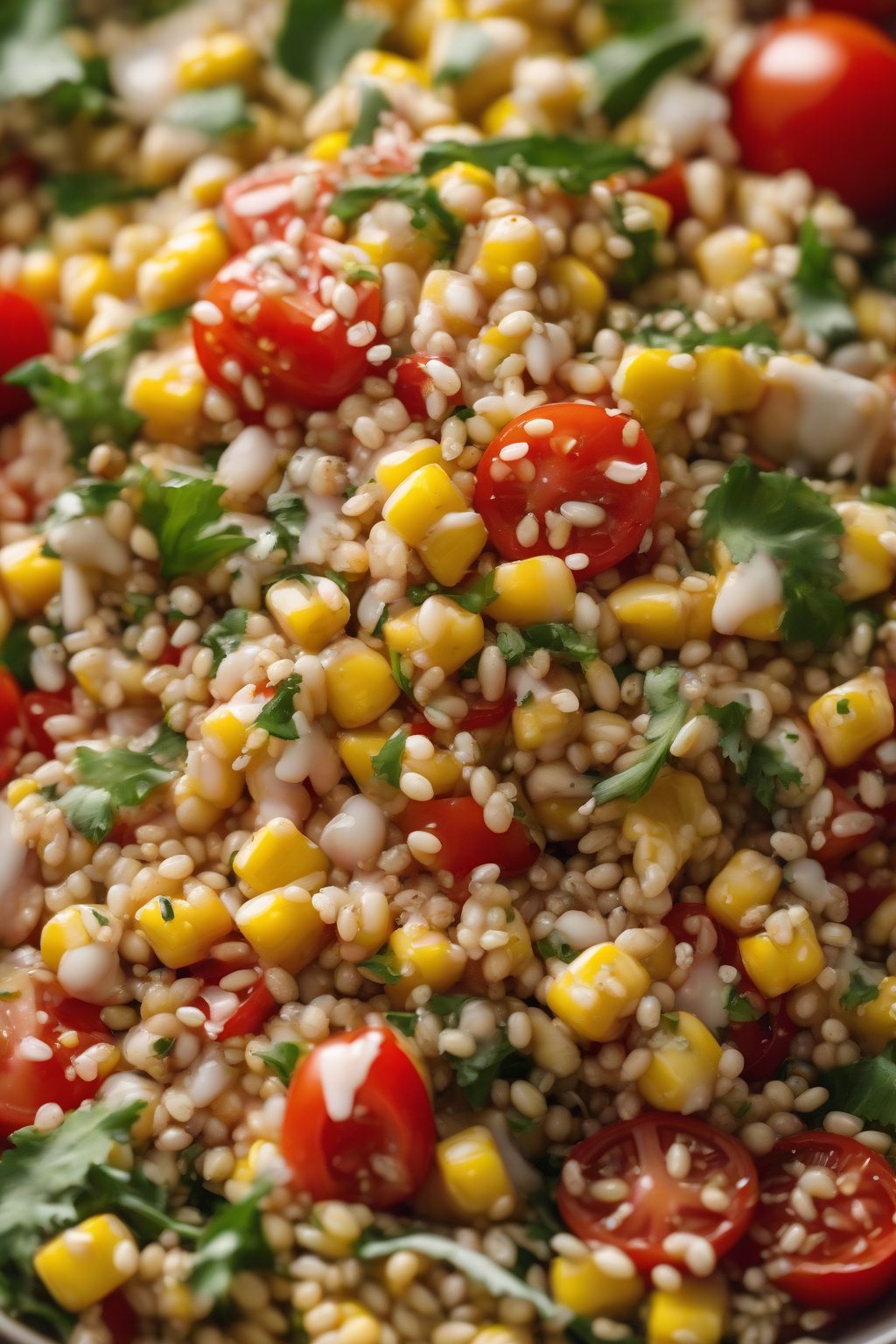 A high-resolution close-up photo of corn quinoa salad with fluffy grains, red tomatoes, and tahini drizzle, under soft lighting.