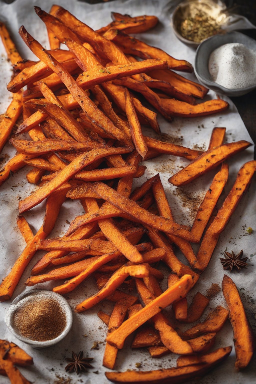 A high-resolution photo of vibrant orange sweet potato fries, crispy edges, dusted with spices, under soft lighting.