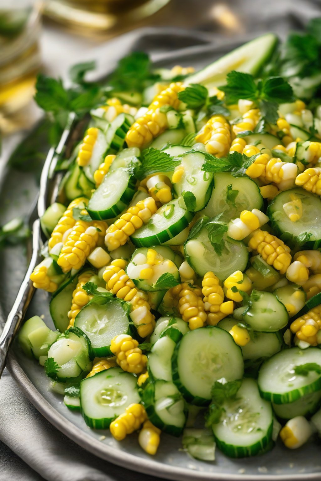 A high-resolution close-up photo of crisp corn and cucumber salad with mint leaves and shiny slices, under soft lighting.