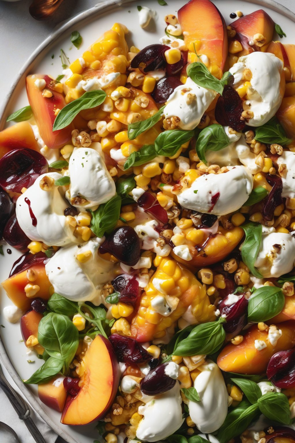 A high-resolution close-up photo of corn peach burrata salad with juicy slices and creamy cheese, balsamic drips, under soft lighting.
