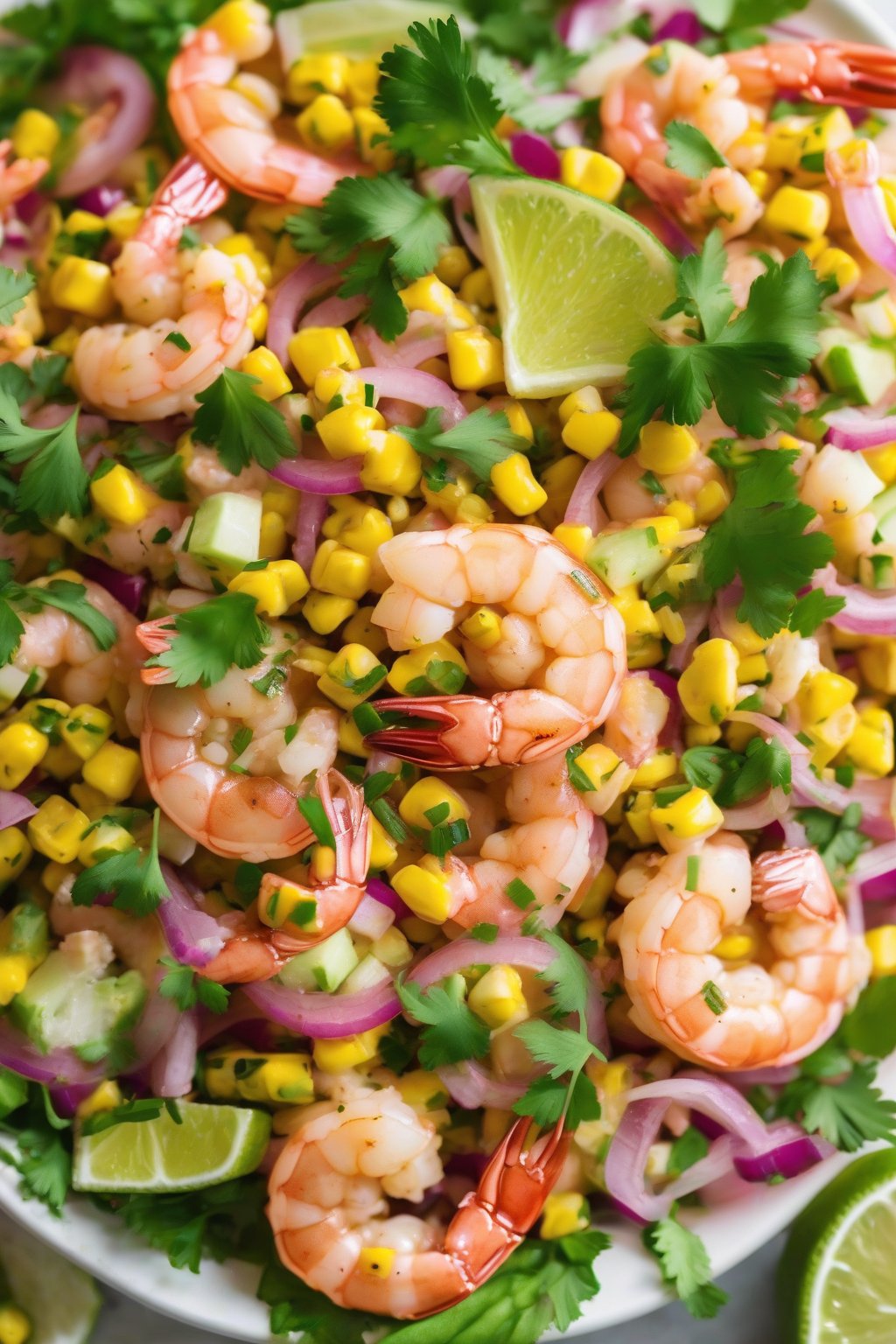 A high-resolution close-up photo of spicy corn shrimp salad with pink shrimp, green cilantro, and lime wedges, under soft lighting.