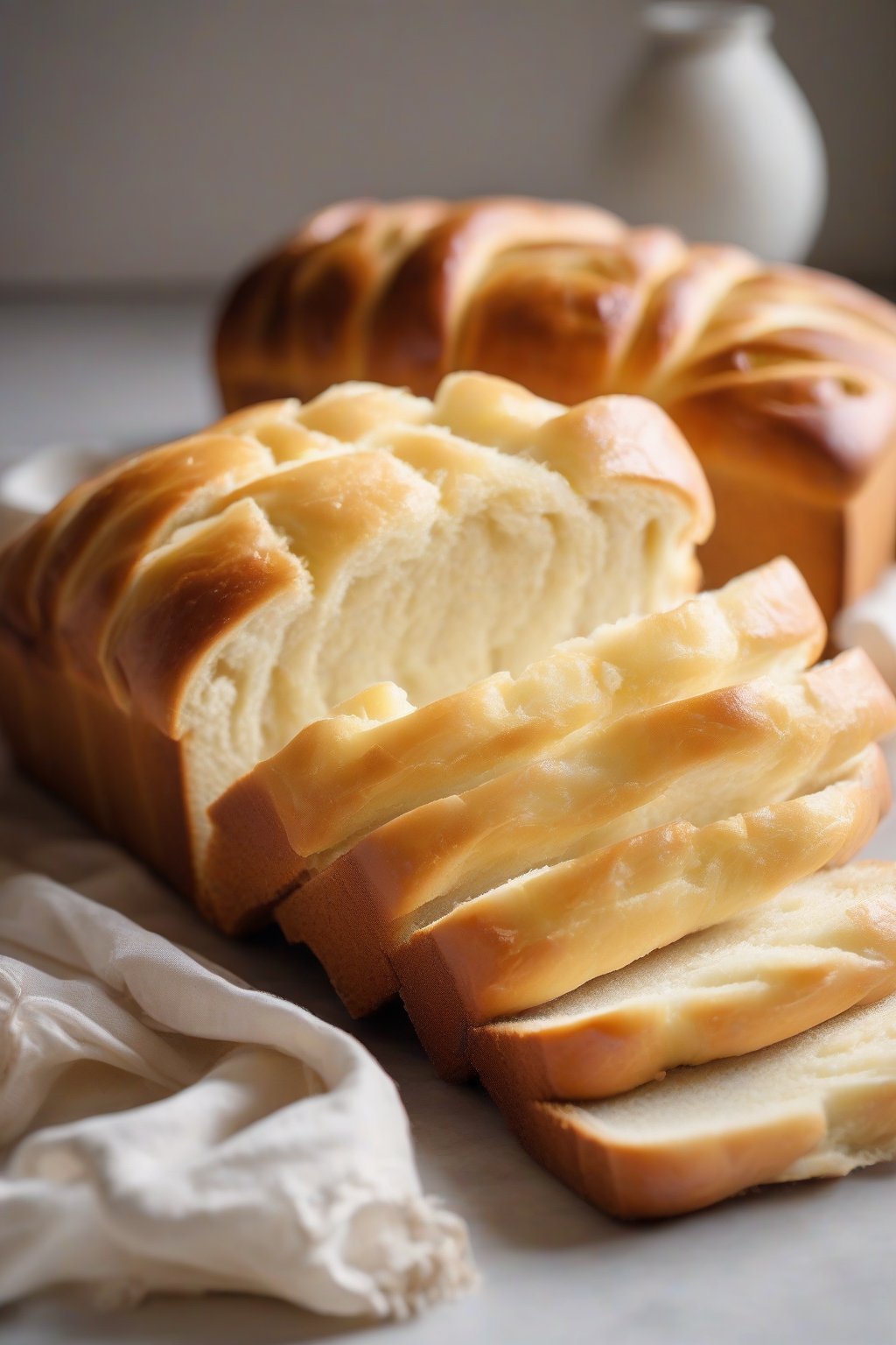 A high-resolution photo of a sliced loaf of golden tangzhong milk bread revealing fluffy, pull-apart crumb under soft lighting.