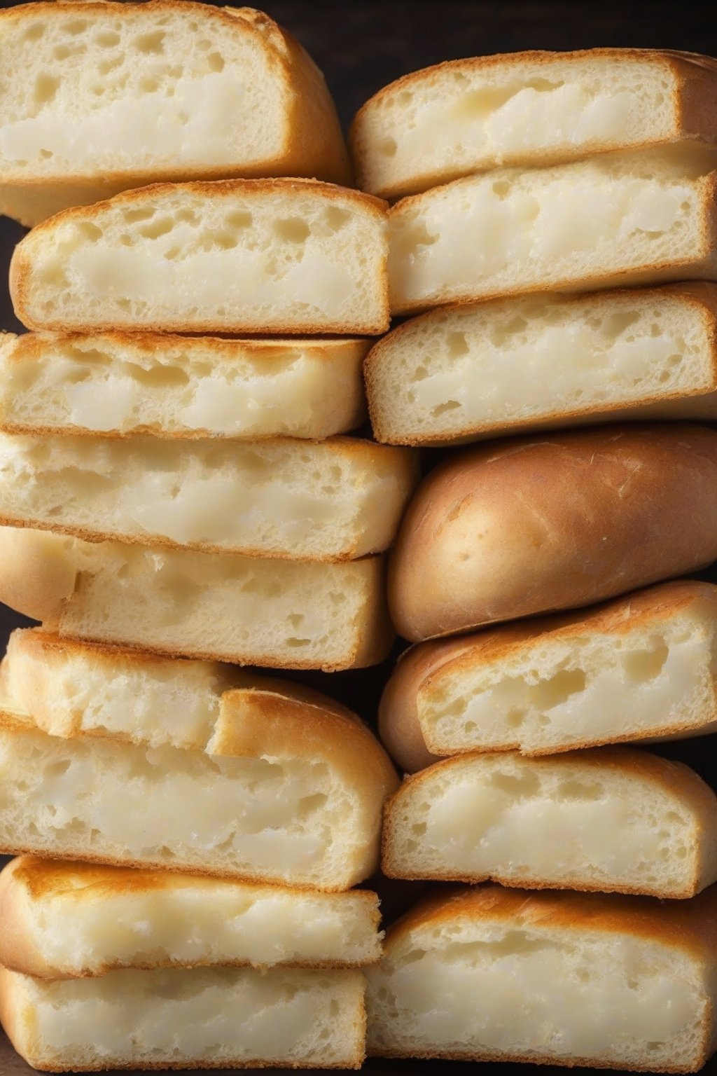 A high-resolution photo of potato bread slices showing ultra-fluffy, steam-light crumb perfect for sandwiches under soft lighting.