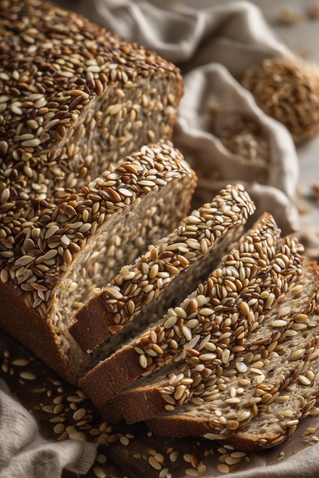 A high-resolution photo of a seeded multigrain loaf sliced to show fluffy texture amid crunchy seeds under soft lighting.
