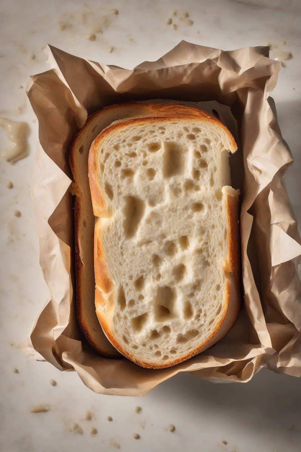 A high-resolution photo of sourdough sandwich loaf with open, fluffy holes in the crusty yet soft slices under soft lighting.