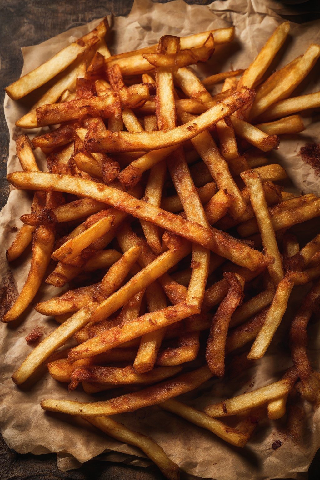 A high-resolution photo of red-dusted Cajun French fries, steam curling up, on a rustic board, under soft lighting.