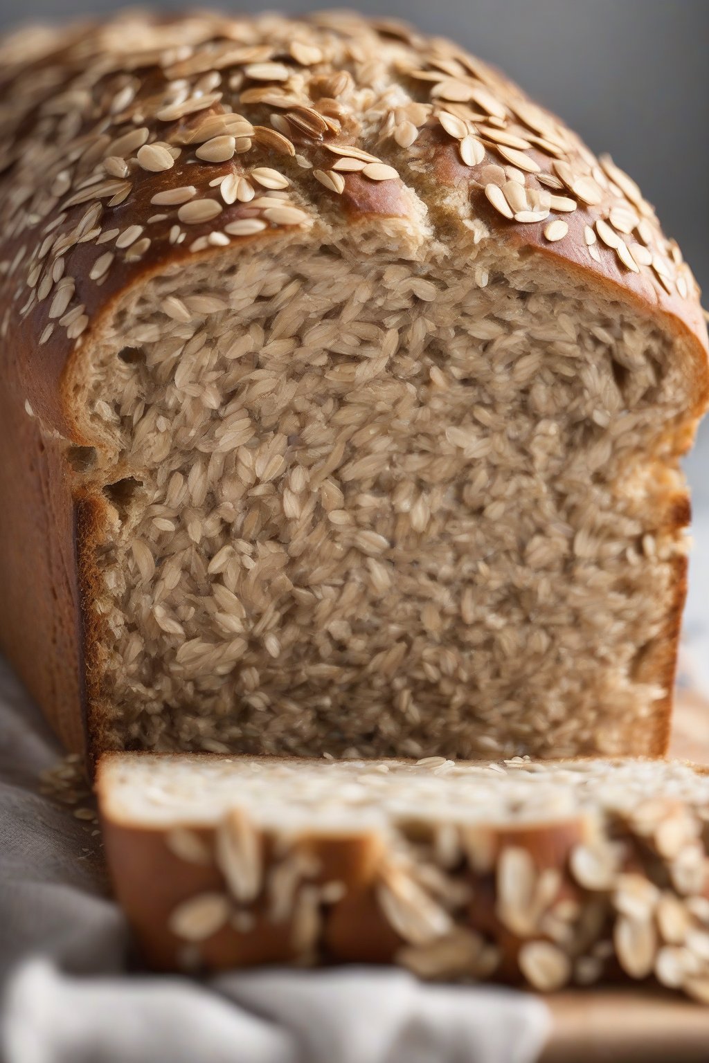 A high-resolution photo of oatmeal bread loaf sliced, highlighting fluffy texture with embedded oats under soft lighting.