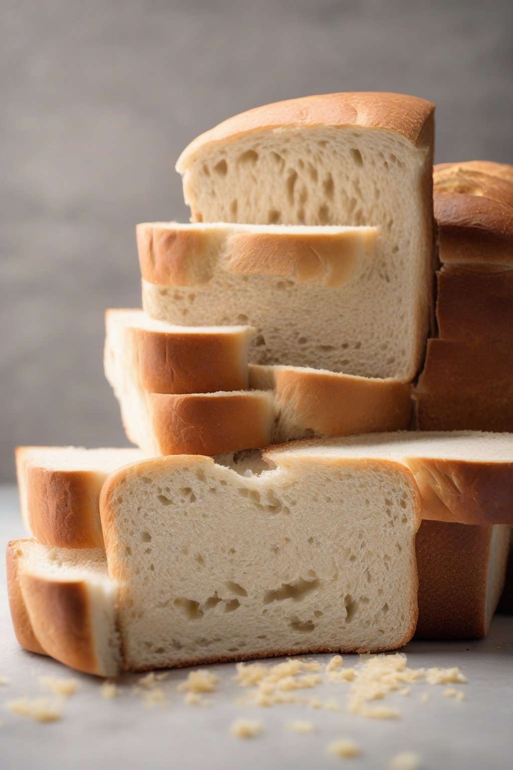 A high-resolution photo of vegan fluffy sandwich bread slices showing tall rise and soft interior under soft lighting.