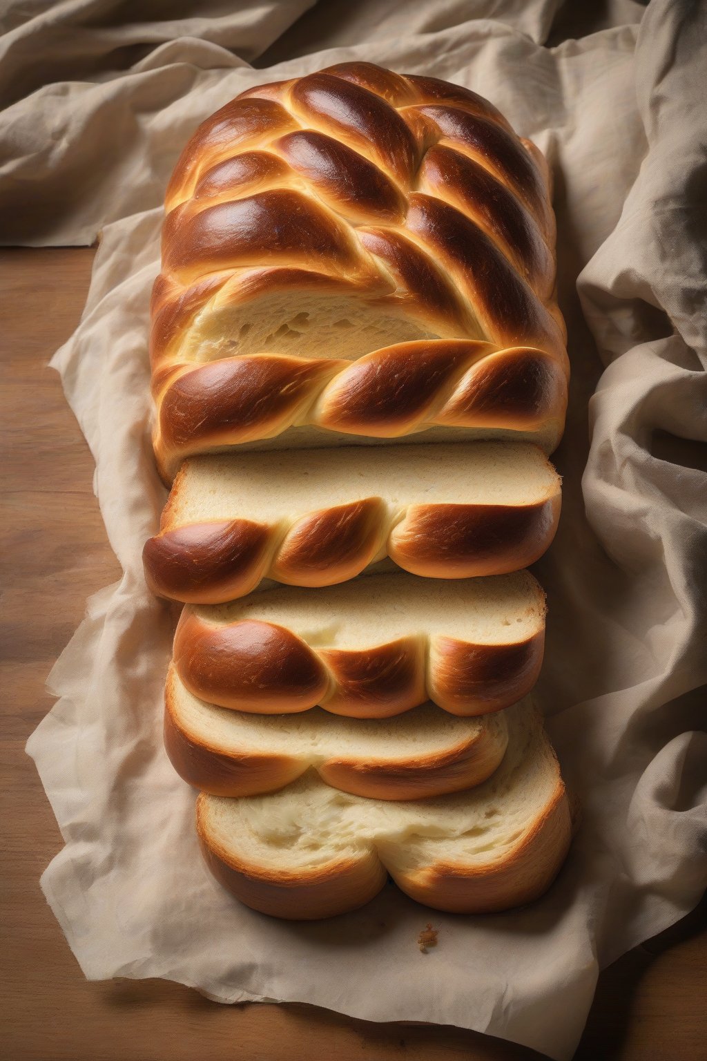 A high-resolution photo of challah-style sandwich loaf with braided top and soft, eggy fluffy slices under soft lighting.