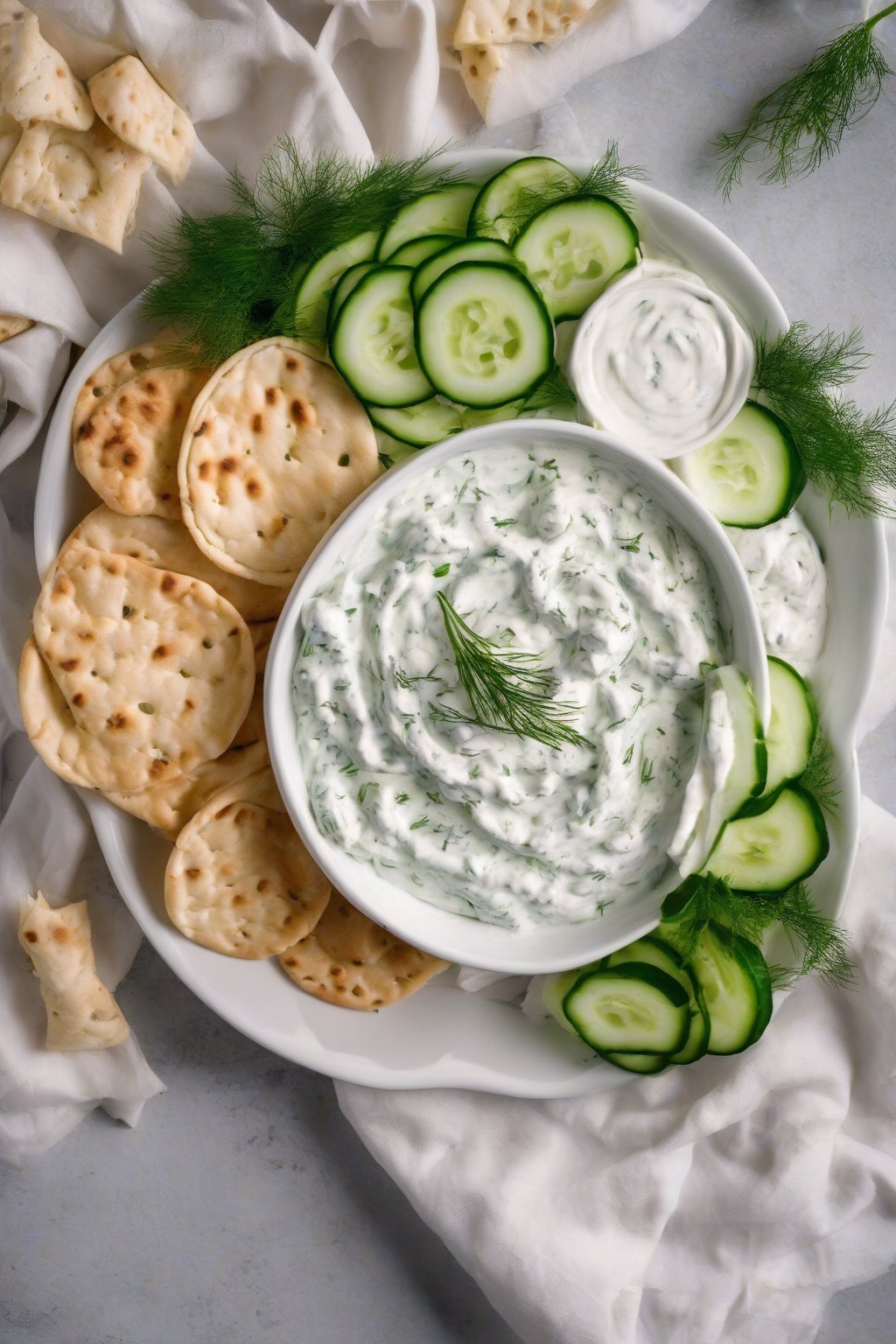 A close-up photo of classic Greek taziki dip in a white bowl garnished with dill, surrounded by cucumber slices and pita under soft lighting.