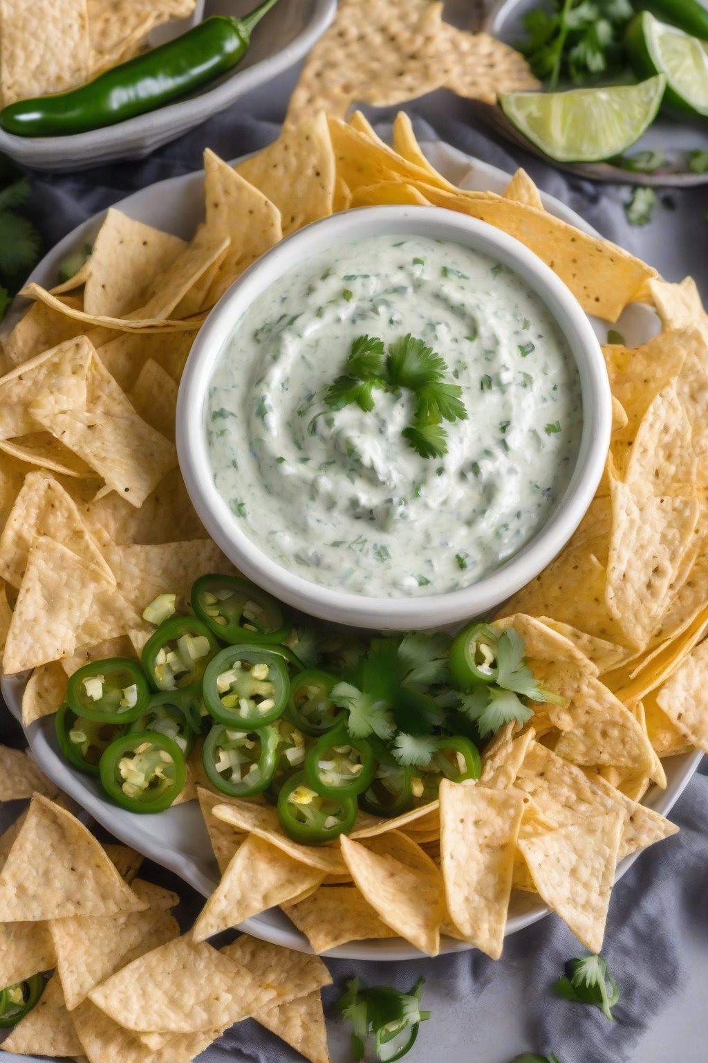 A close-up photo of spicy jalapeño taziki dip topped with jalapeño slices and cilantro, served with tortilla chips under soft lighting.