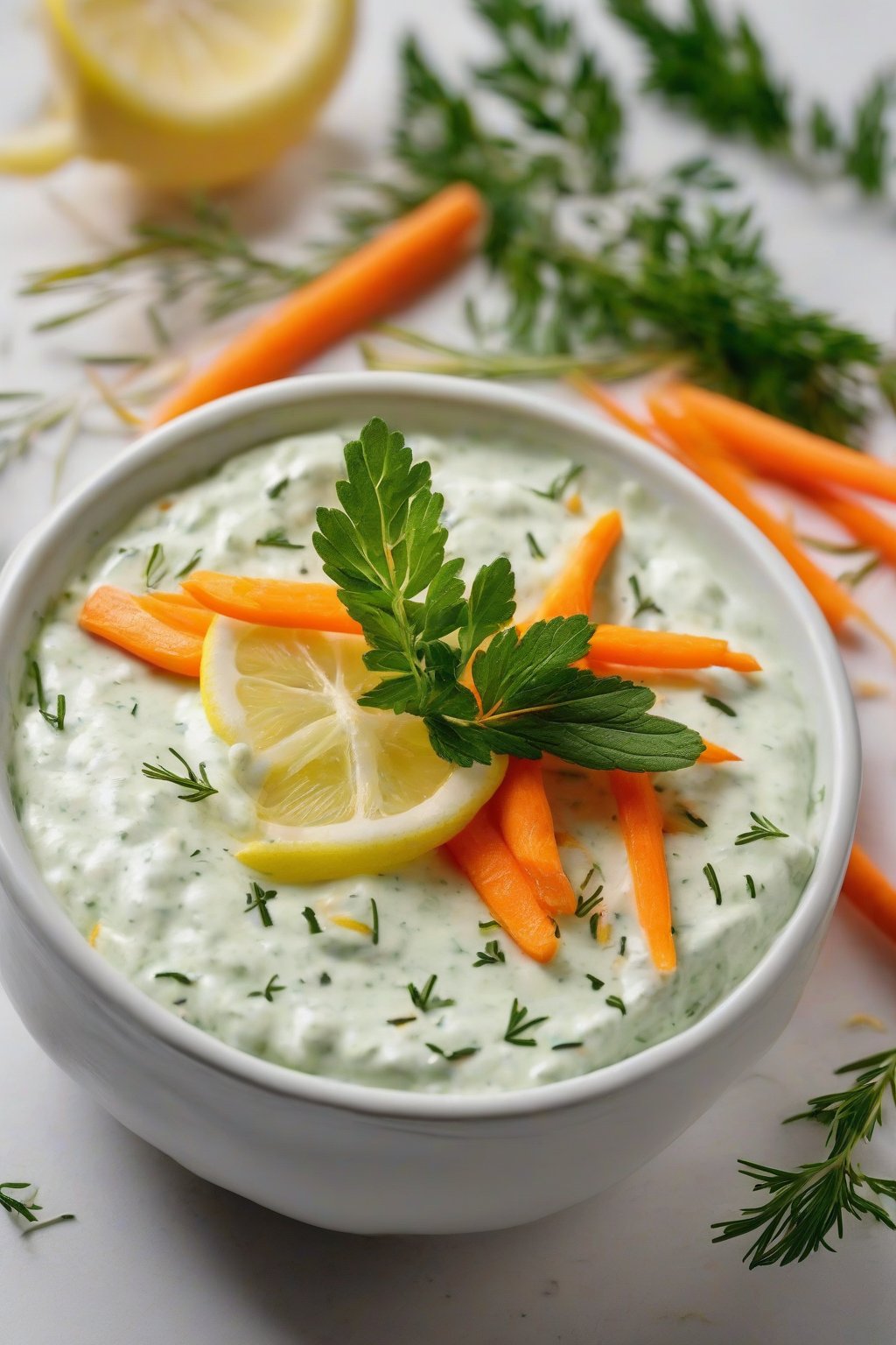 A close-up photo of herb garden lemon taziki dip with lemon zest garnish, alongside carrot sticks under soft lighting.
