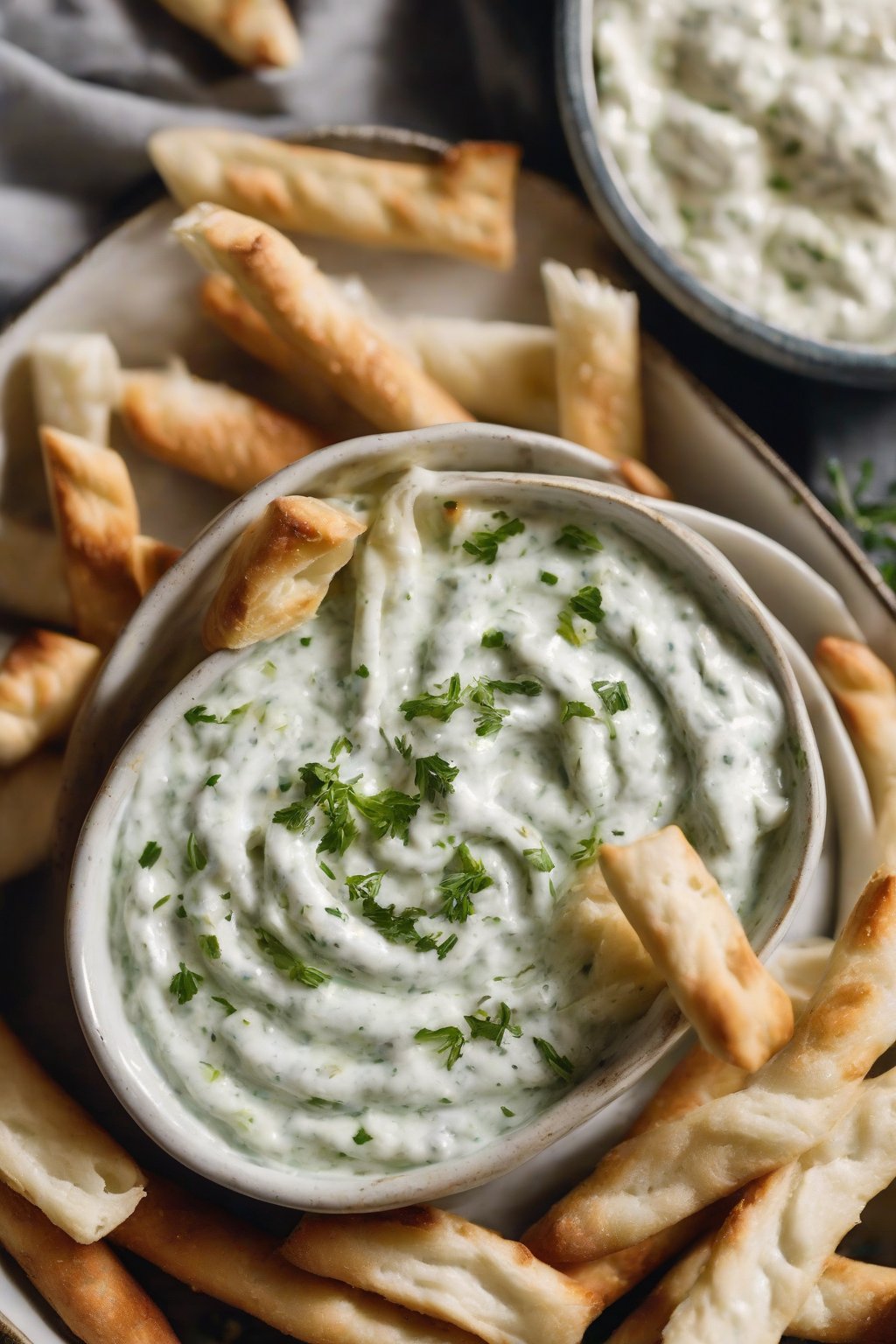 A close-up photo of roasted garlic taziki dip swirled in a bowl with garlic bits visible, paired with breadsticks under soft lighting.