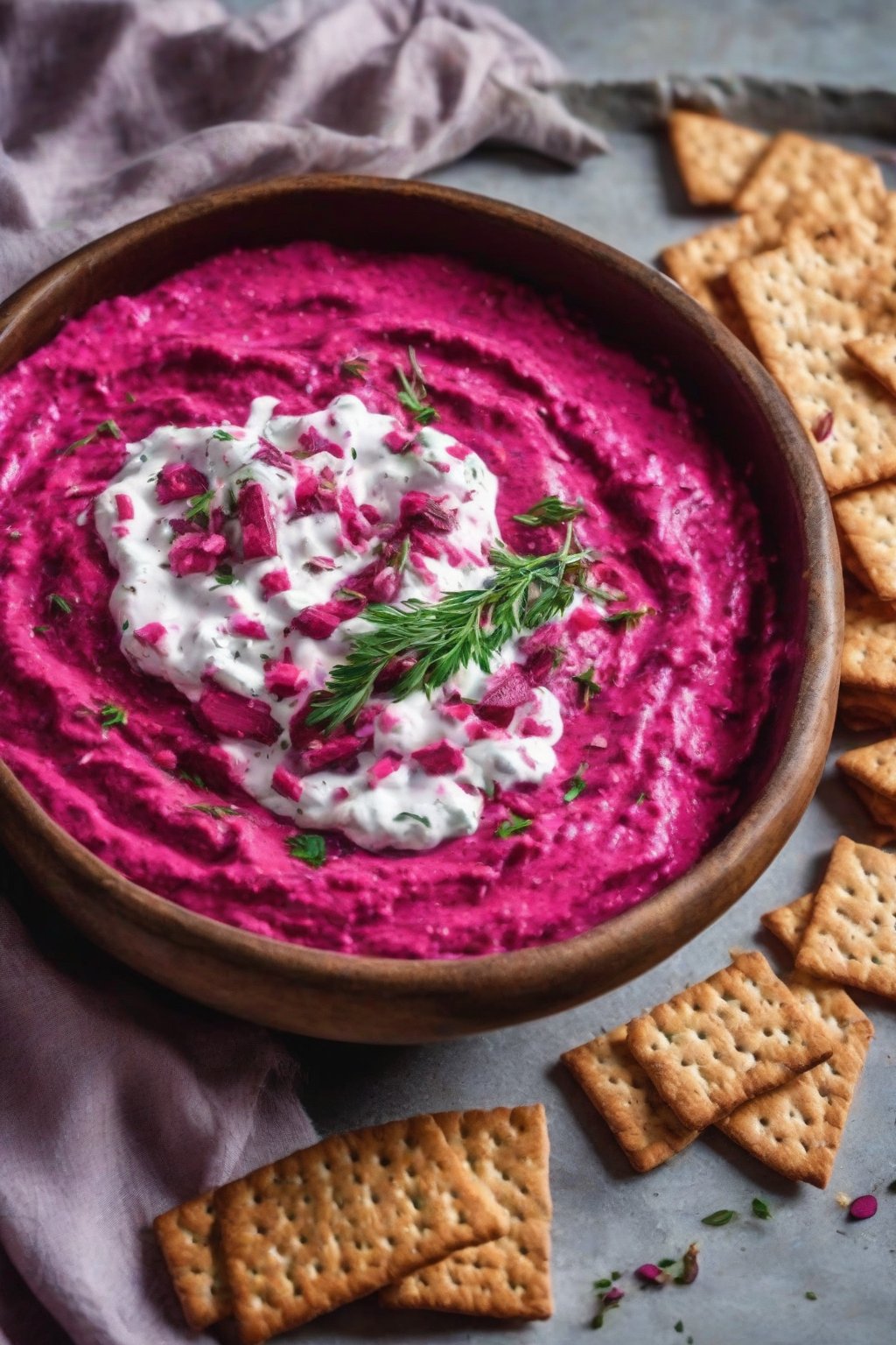 A close-up photo of vibrant pink beetroot taziki dip in a rustic bowl, with beet slices and crackers nearby under soft lighting.