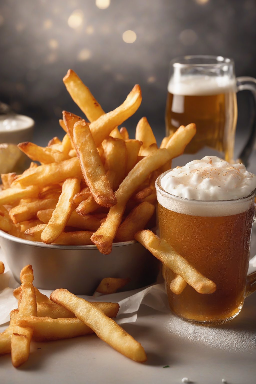 A high-resolution photo of beer-battered French fries, bubbly crust close-up, beside a frosty mug, under soft lighting.