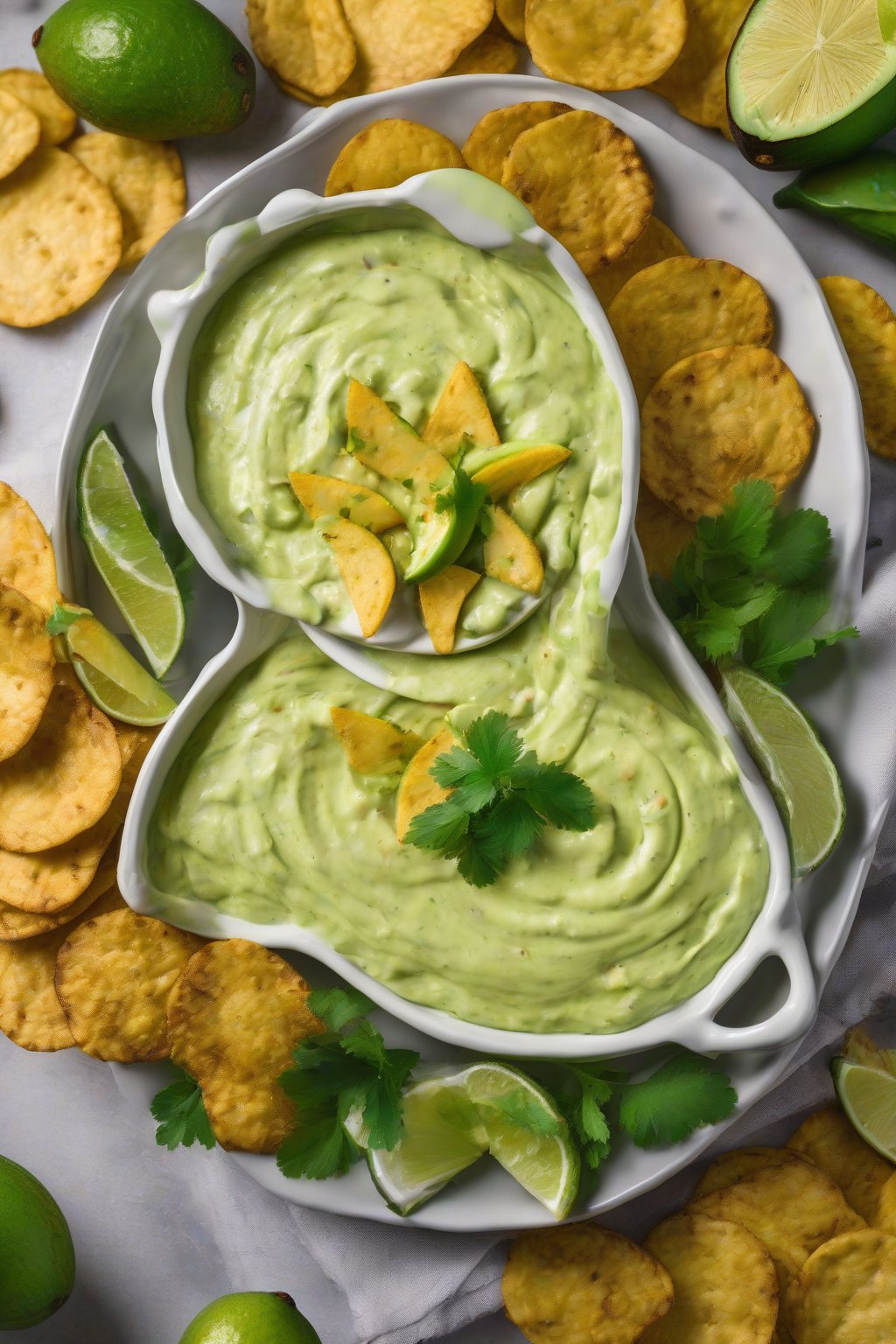 A close-up photo of smooth green avocado taziki dip garnished with lime wedges, served with plantain chips under soft lighting.