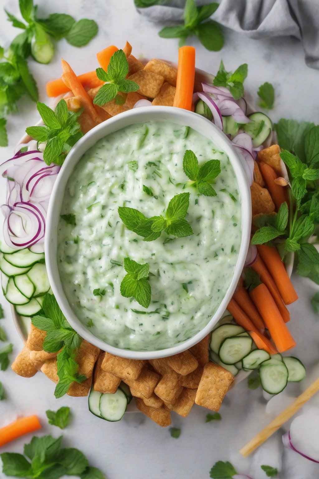 A close-up photo of fresh minty cucumber taziki dip overflowing with mint sprigs, with veggie sticks around under soft lighting.