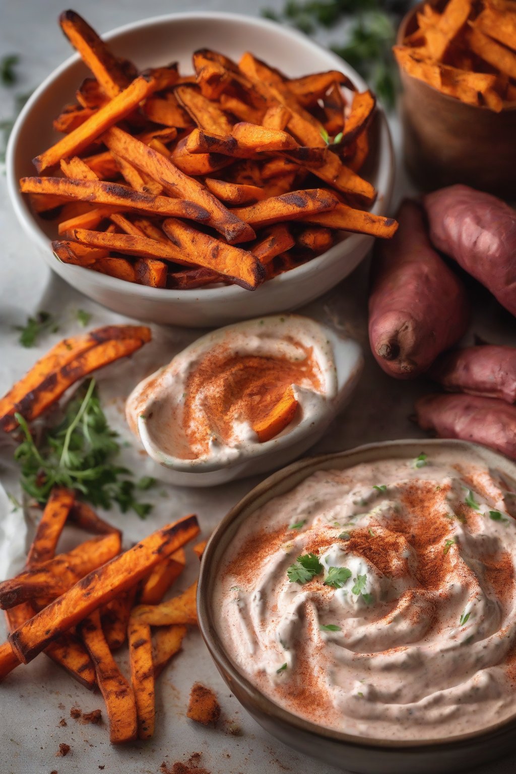 A close-up photo of smoky chipotle taziki dip with paprika dusting, alongside sweet potato fries under soft lighting.