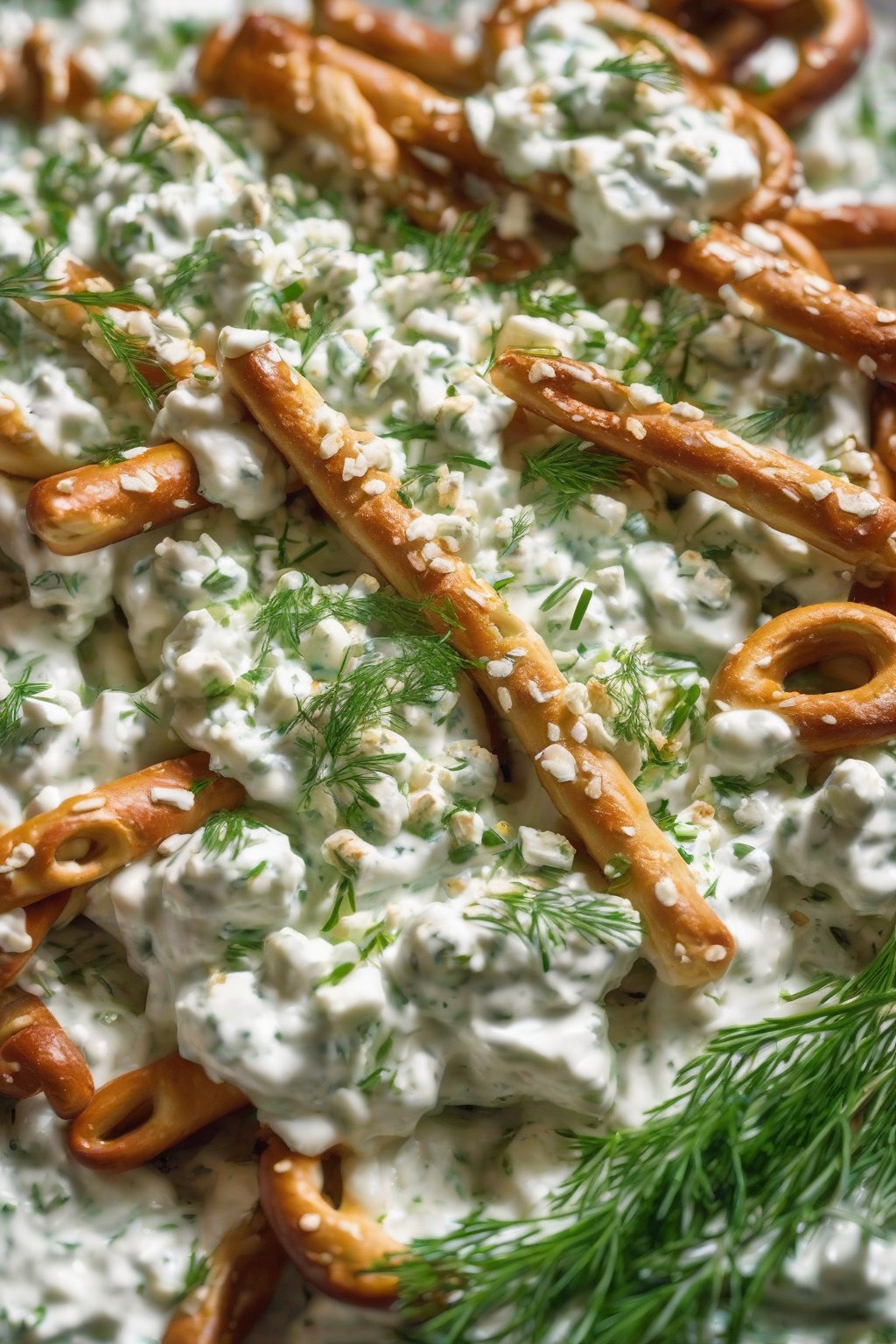 A close-up photo of dill and feta taziki dip topped with feta crumbles and dill, with pretzel rods under soft lighting.