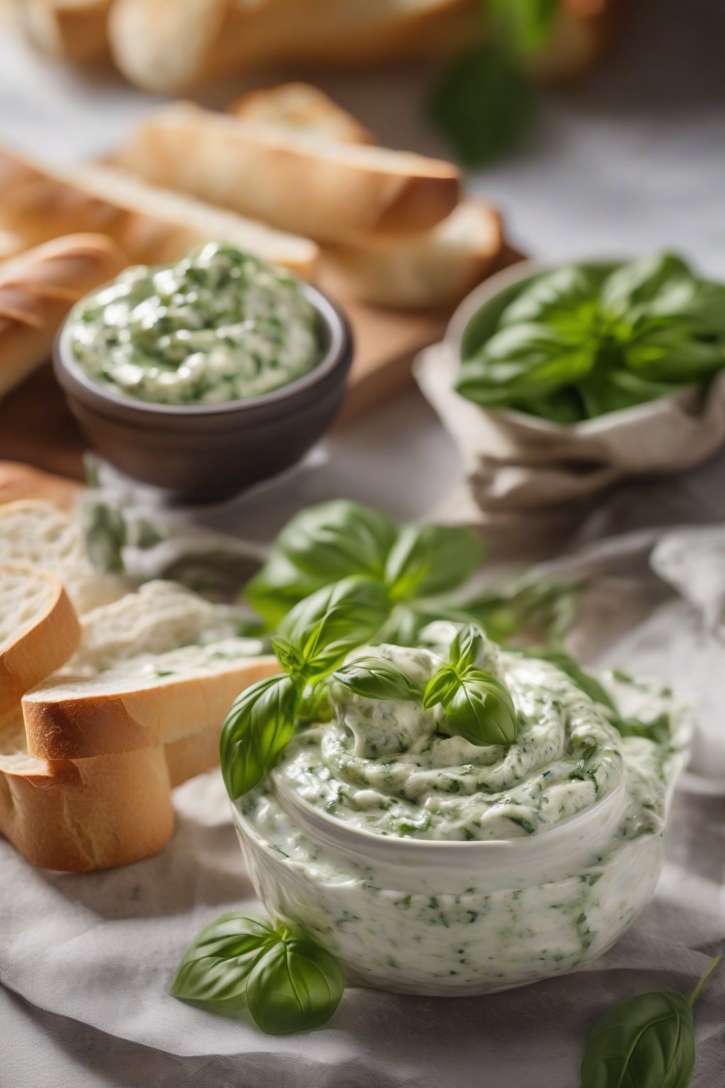 A close-up photo of pesto-swirled taziki dip with basil leaves on top, next to baguette slices under soft lighting.