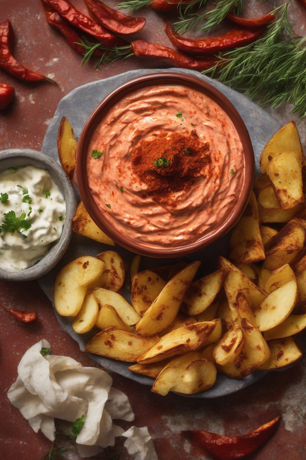 A close-up photo of red-tinged smoked paprika taziki dip garnished with paprika, with potato wedges under soft lighting.