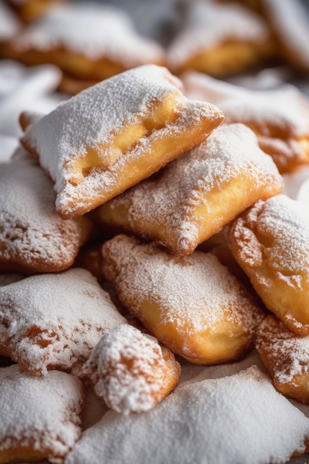 A close-up photo of golden fried beignets piled high with powdered sugar under soft lighting.