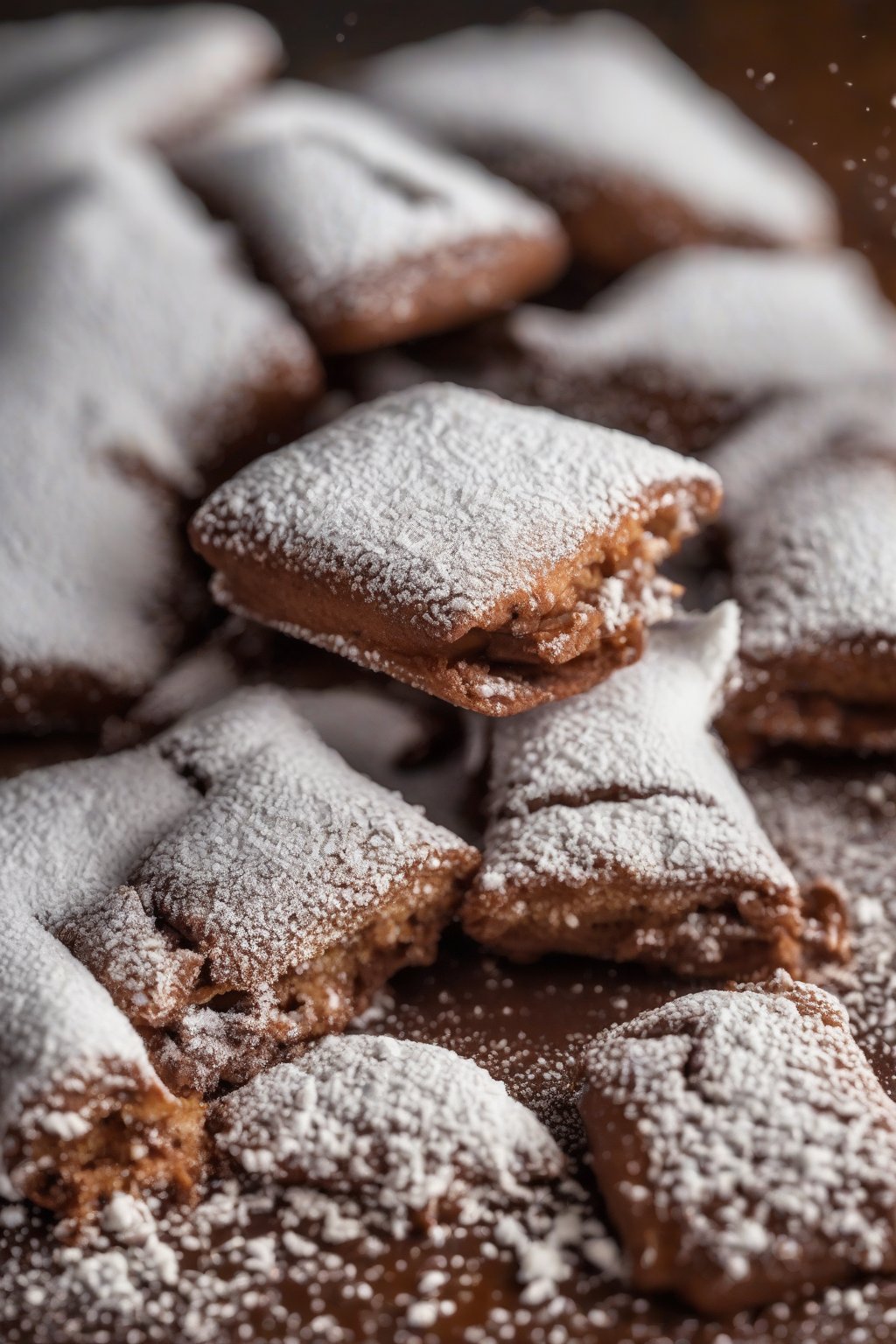 A close-up photo of a chocolate hazelnut beignet split open, powdered sugar cascading down under soft lighting.